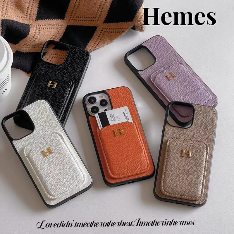 Hermes luxury leather card monogram pocket elegant iphone 14 Pro Max Plus case