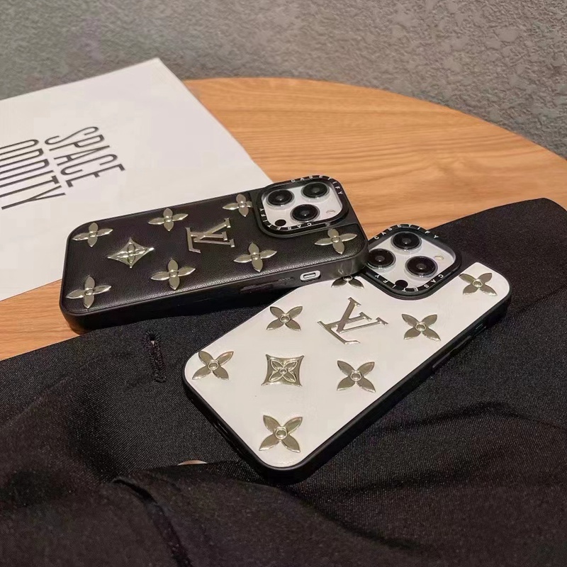 Louis Vuitton monogram luxury iphone 14 Pro Max leather flower case black white soft cover