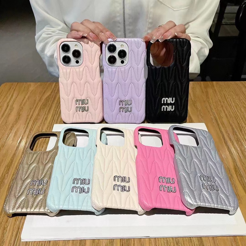 Miu Miu luxury monogram leather shine colorful cute soft case iphone 15 Pro Max cover