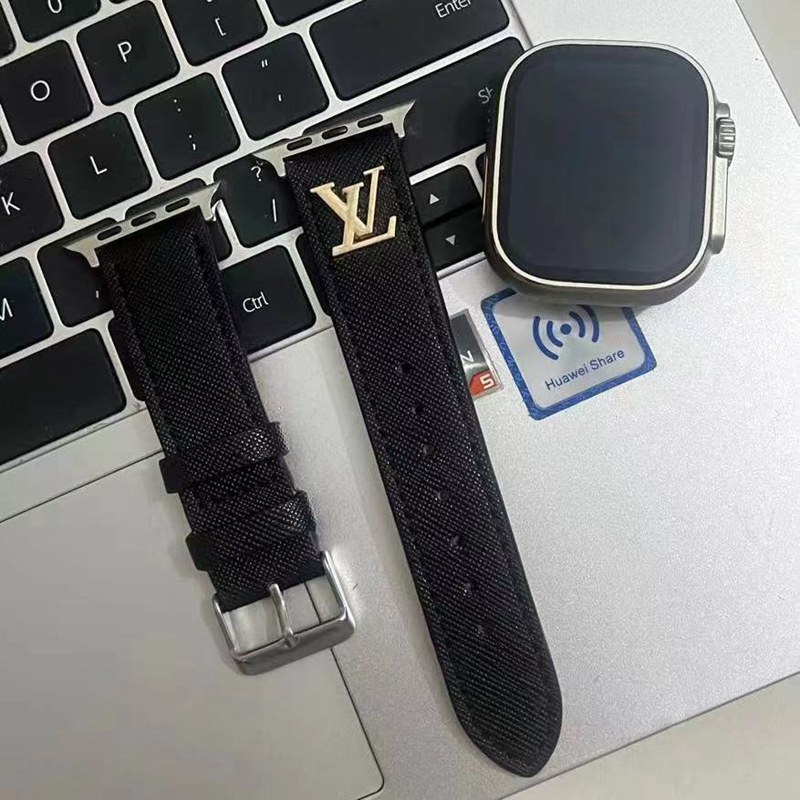 LV luxury apple watch 8/se2/ultra black leather band monogram fashion strap