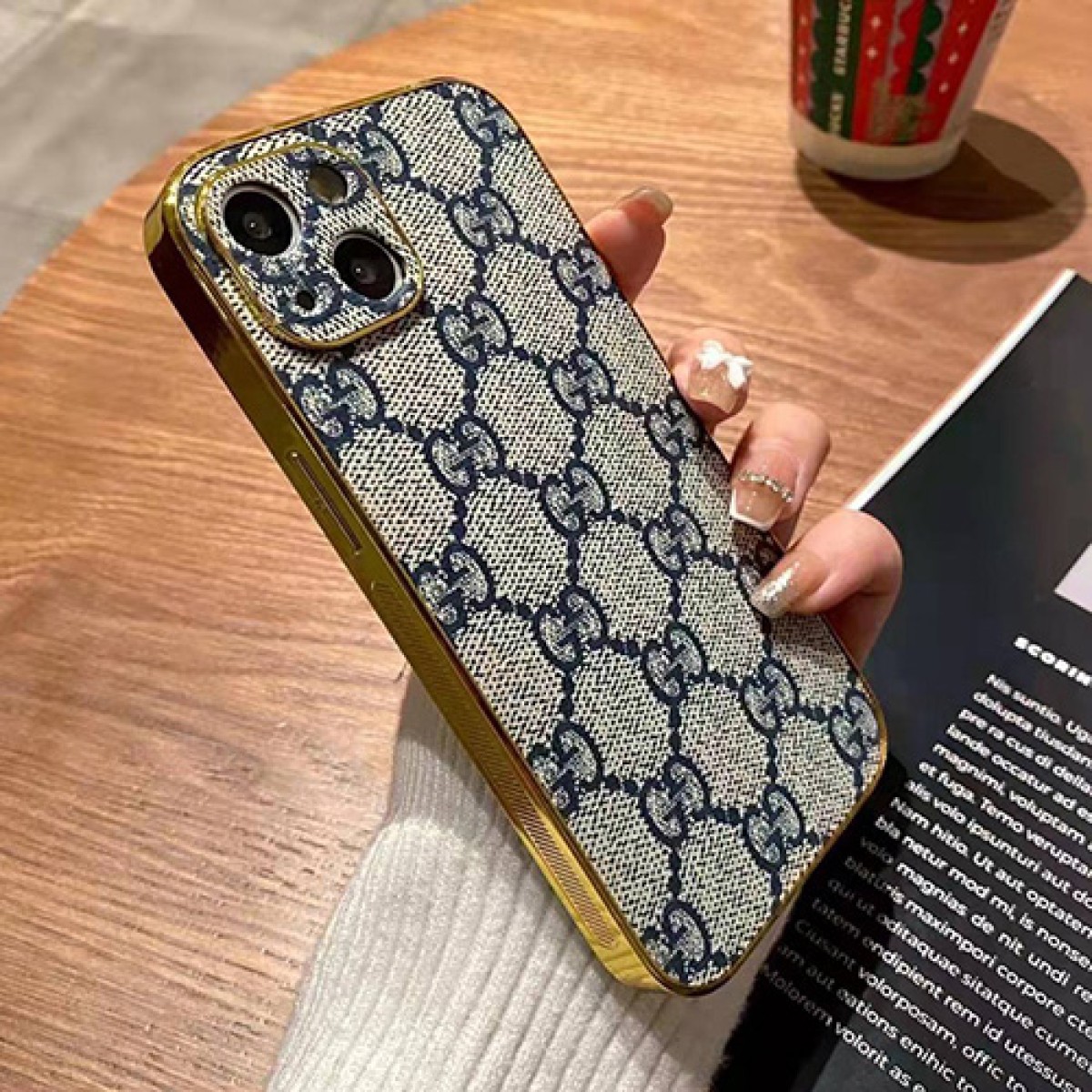 Gucci iphone 14plus/14pro max leather monogram case