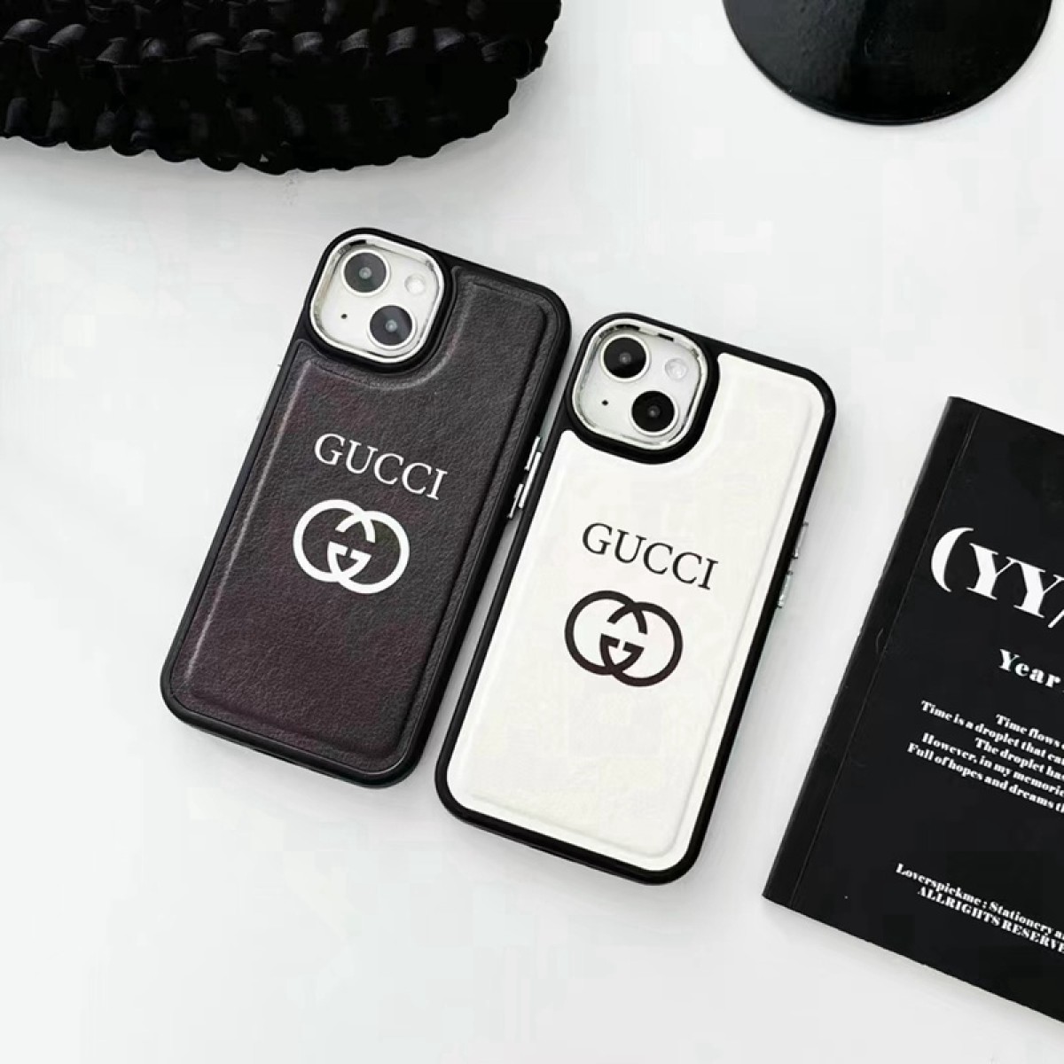 Gucci iphone 14plus/14pro max leather monogram case, by Rerecase