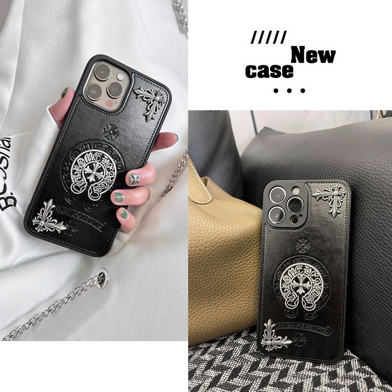Chrome Hearts luxury cross monogram fashion learther black iphone 15 Pro Max 15 ultra 15 plus case  cover