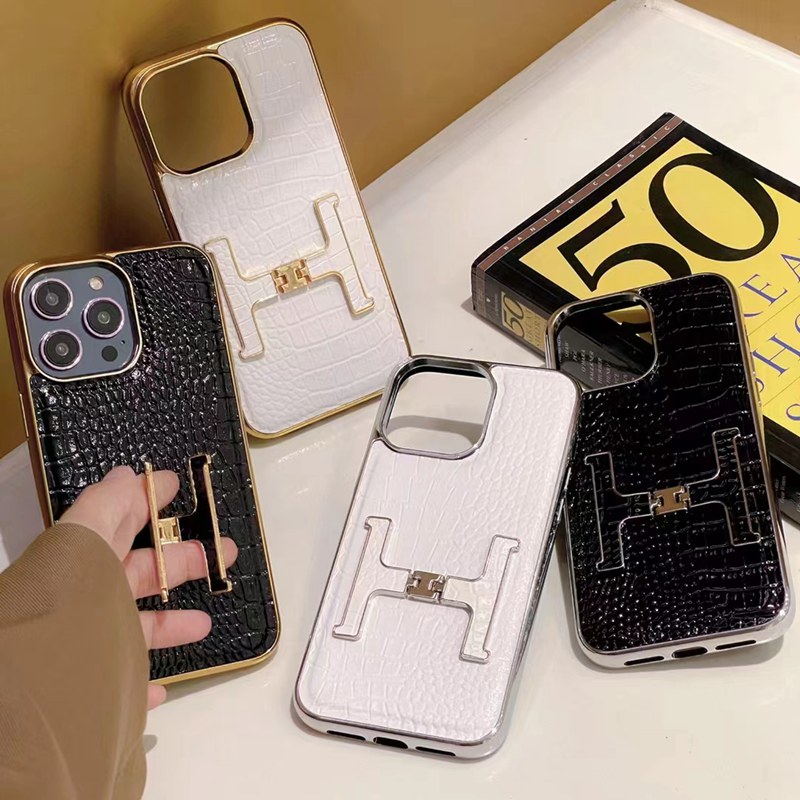 Hermes Prada luxury iPhone 15 pro max case leather stand shine monogram cover designer shell