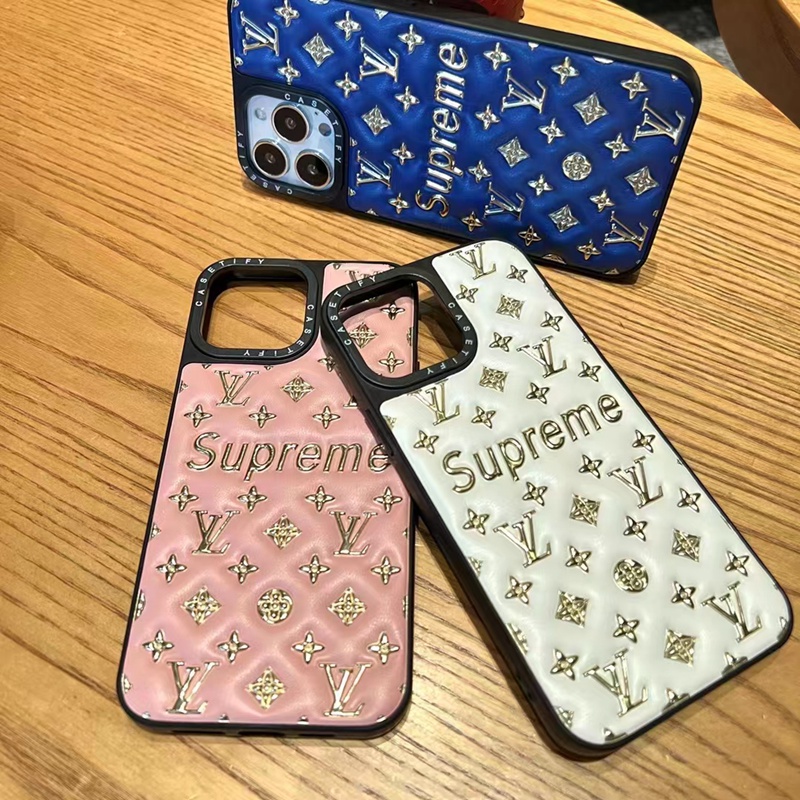 lv supreme luxury iphone 14 pro max plus case leather shine logo cover