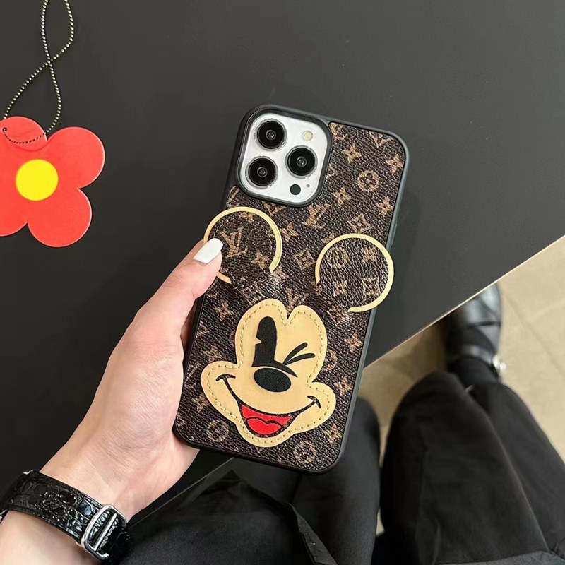 lv iphone15pro ultra plus 14 case luxury disney leather card mickey minnie logo cover shell Women Girls