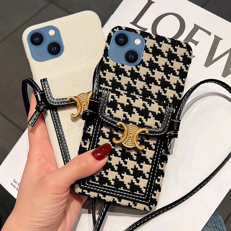 Celine luxury strap card bag leather monogram cute print brand case For iphone 14 Pro Max Plus