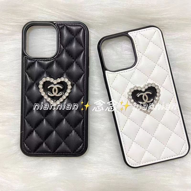 Chanel iPhone 14 pro max Case  leather shine monogram heart print luxury