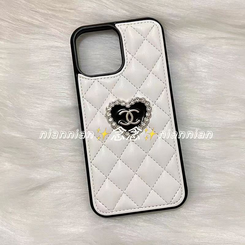 chanel iphone 14 pro max plus case leather luxury shine logo heart women cover