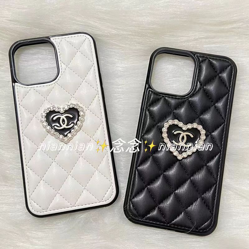 chanel iphone 14 pro max plus case leather luxury shine monogram heart women cover