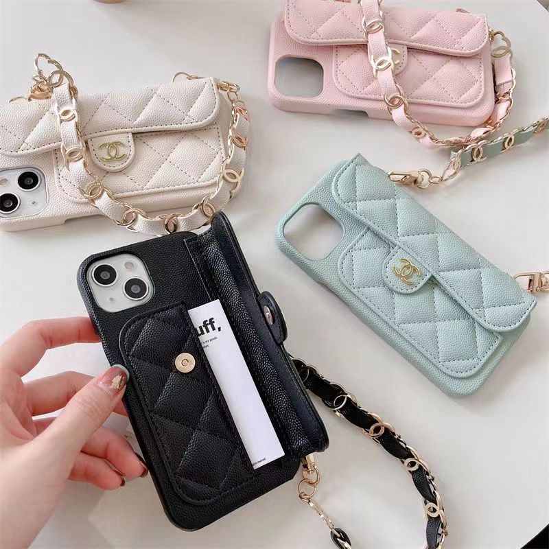 Chanel luxury strap leather stand card bag monogram iphone 15 pro max case 15 plus ultra cover