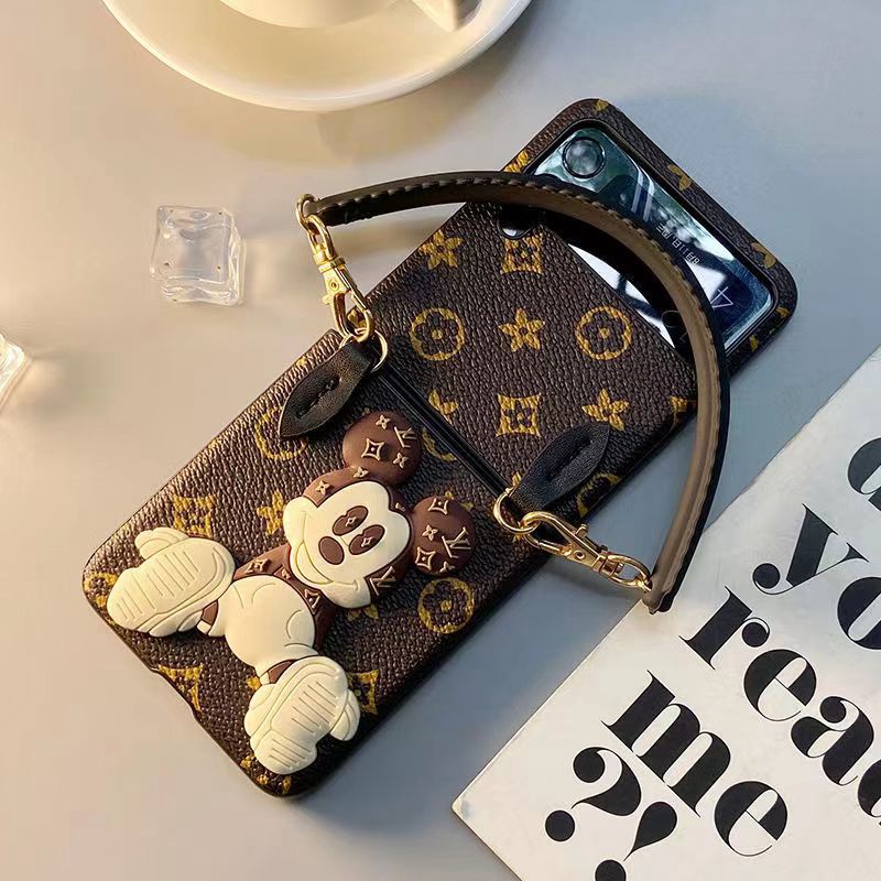 LV luxury galaxy z flip 4 5 Disney Mickey Mouse Case leather strap monogram protection stylish case