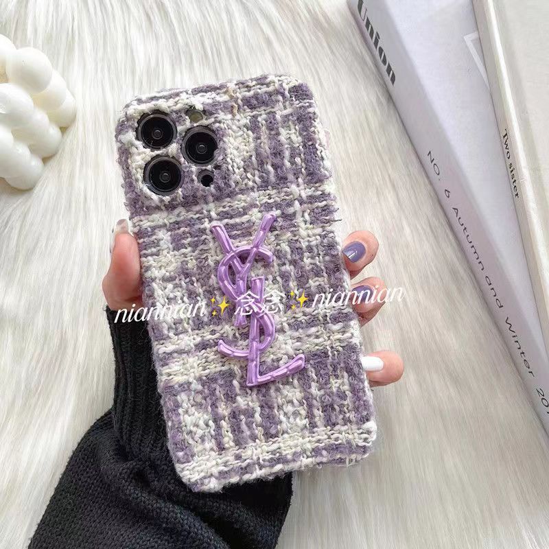 ysl iphone 14 pro max plus case luxury stitch cloth purple logo cover